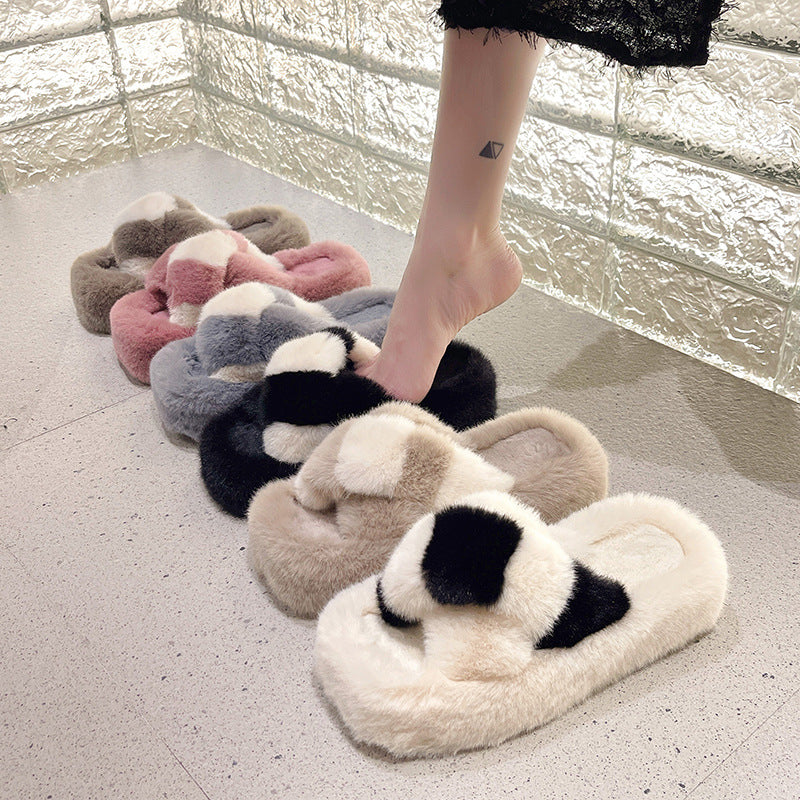 Color Matching Cross Fluffy Slippers Female Autumn And Winter