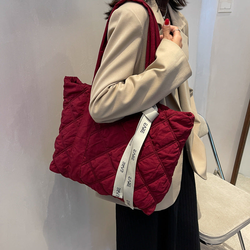 Winter Tote Bag For Women Sewing Rhombus Shoulder Bag High Capacity Commuting Shopping Bag Personalized Handbags