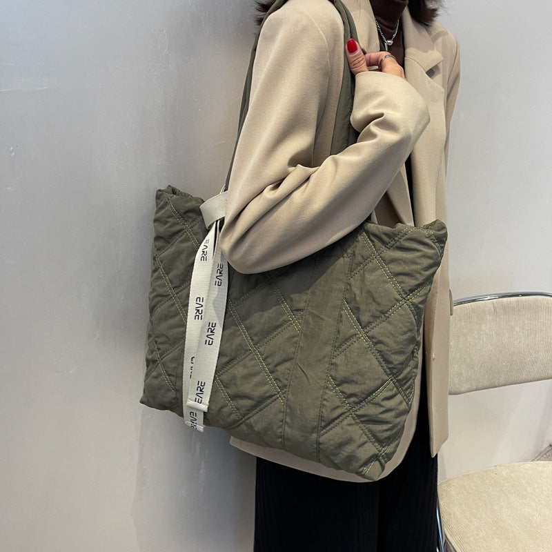 Winter Tote Bag For Women Sewing Rhombus Shoulder Bag High Capacity Commuting Shopping Bag Personalized Handbags