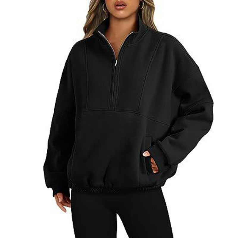 Sporty og casual sweater til kvinder med lynlåslomme, pullover, standkrave og lange ærmer
