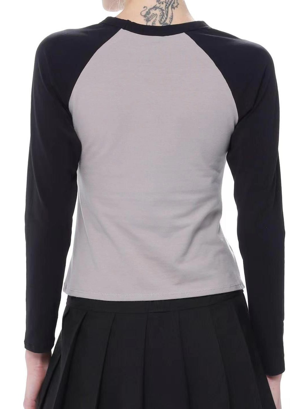 American-style Retro Patchwork Contrast Color Raglan Printed Wings T-shirt