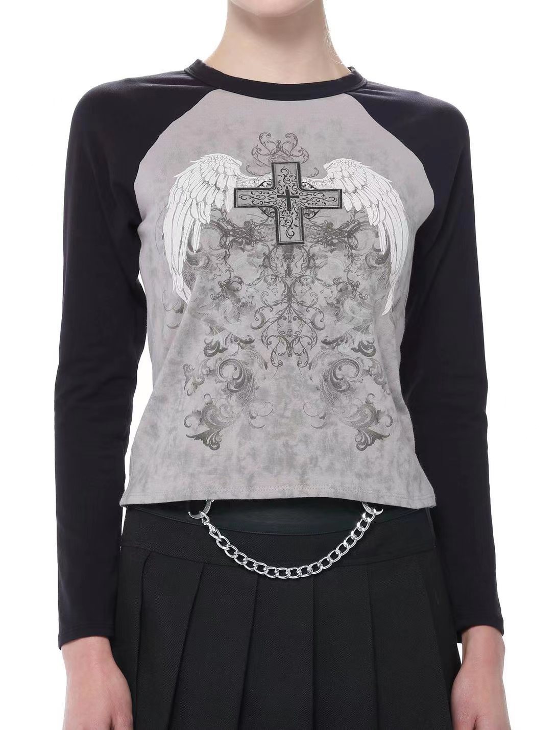 American-style Retro Patchwork Contrast Color Raglan Printed Wings T-shirt