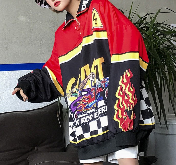 Harajuku BF Style Gade Retro Racing Print Lapel Løs Herre og Dame Pullover Sweaterfrakke