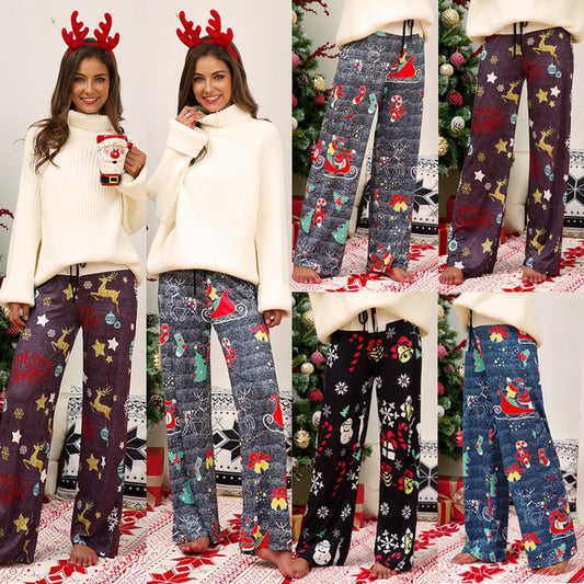 Christmas Printed Stitching Tied Casual Wide-leg Pants