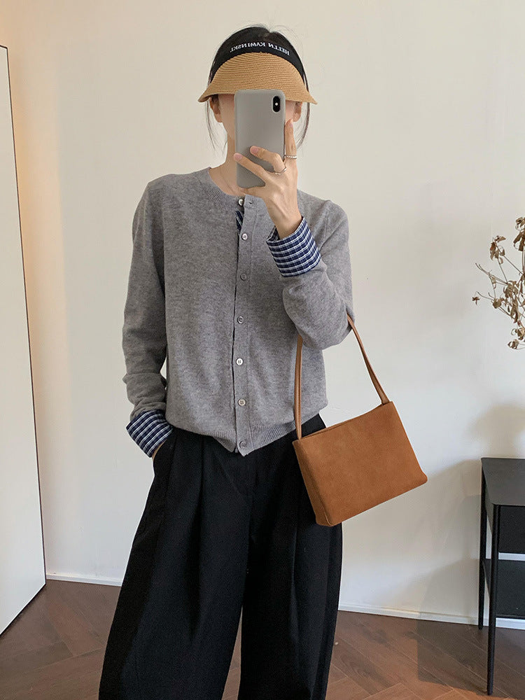 College Retro Style Fake Two-piece Knitted Cardigan Base Women's Sweater Coat