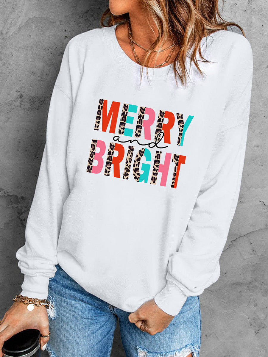 Rainbow Letter Splicing Leopard Print Design Sweater European American Simple Versatile