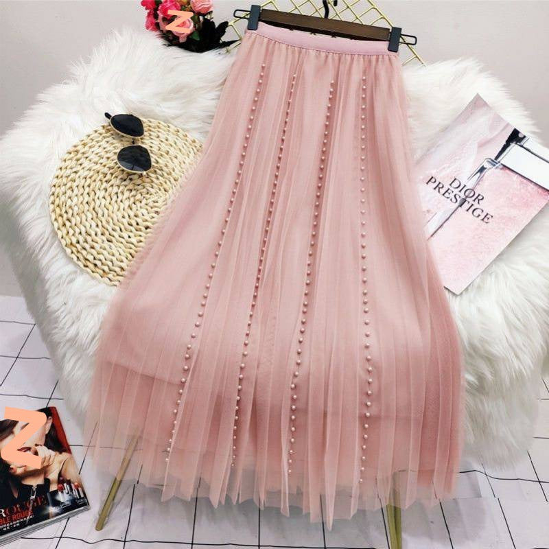 Pleated Mesh Skirt Women's Mid-length High Waist Long Skirt