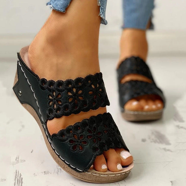 European And American Platform Wedge Embroidered Hollow Half Slippers