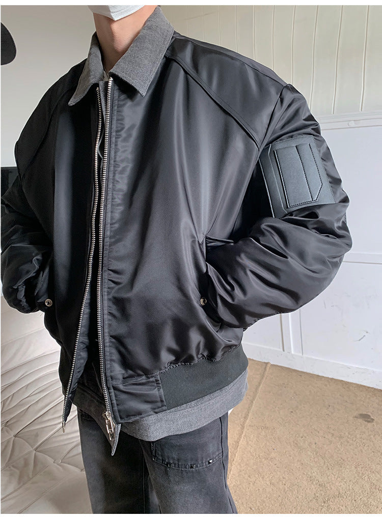 Winter High-grade Denim Stitching Fake Two-piece Pilot Jacket