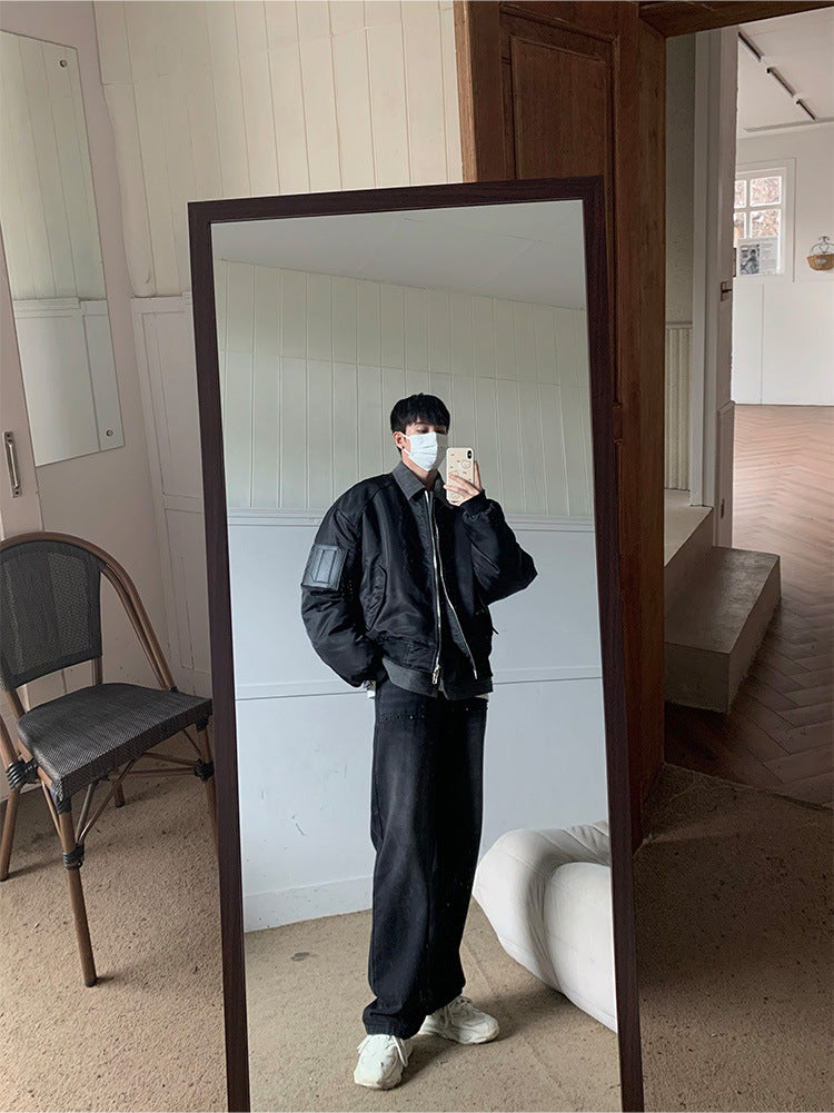 Winter High-grade Denim Stitching Fake Two-piece Pilot Jacket