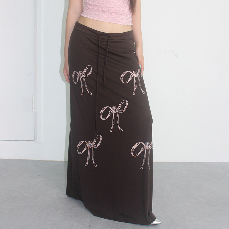 Women's Bow Print Drawstring Straight Dress