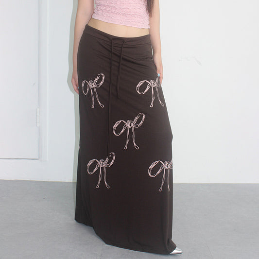Women's Bow Print Drawstring Straight Dress