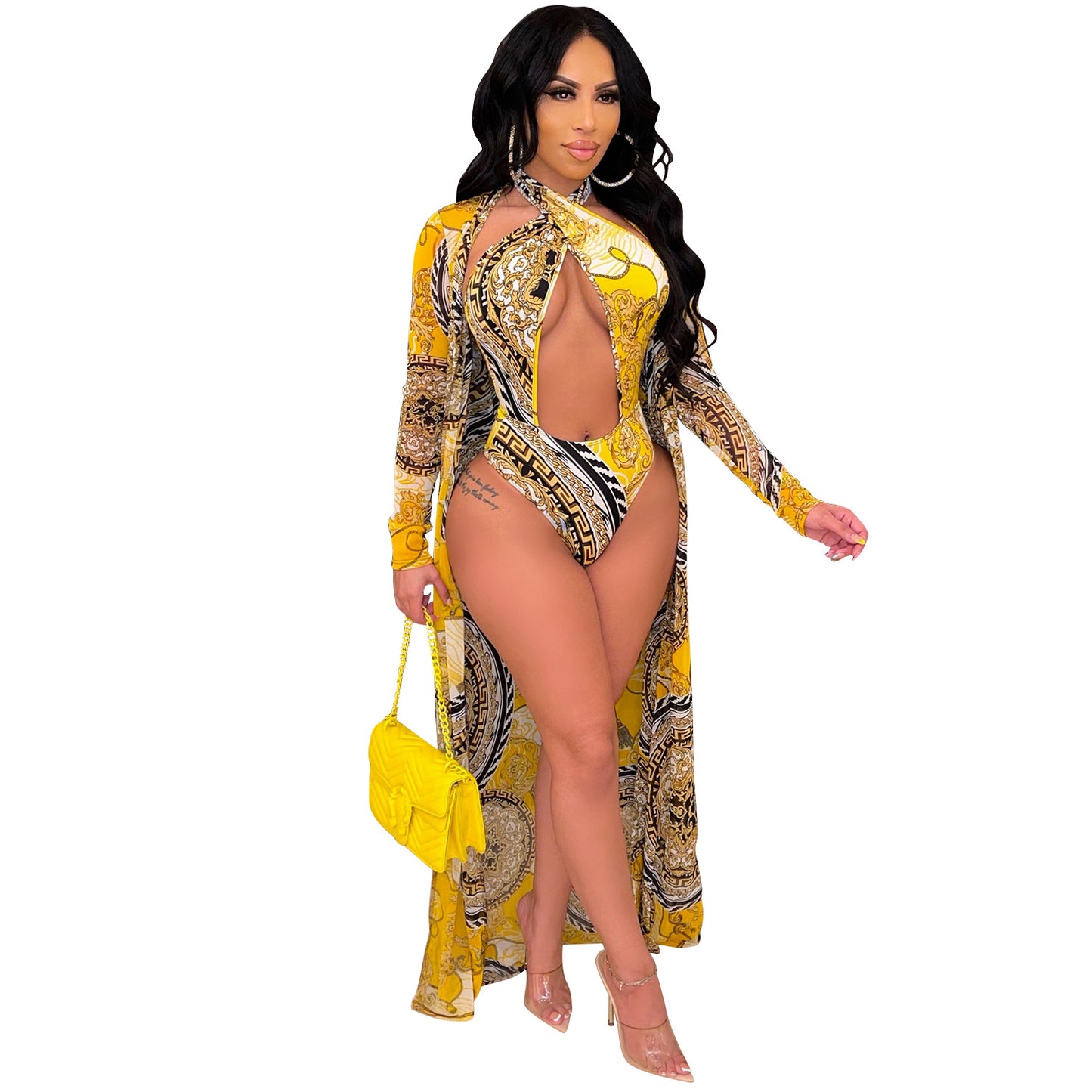 European And American Fashion Sexy Print Long Sleeve Shawl Swimsuit Two-piece