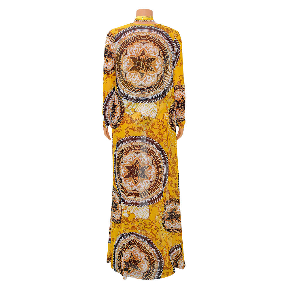 European And American Fashion Sexy Print Long Sleeve Shawl Swimsuit Two-piece