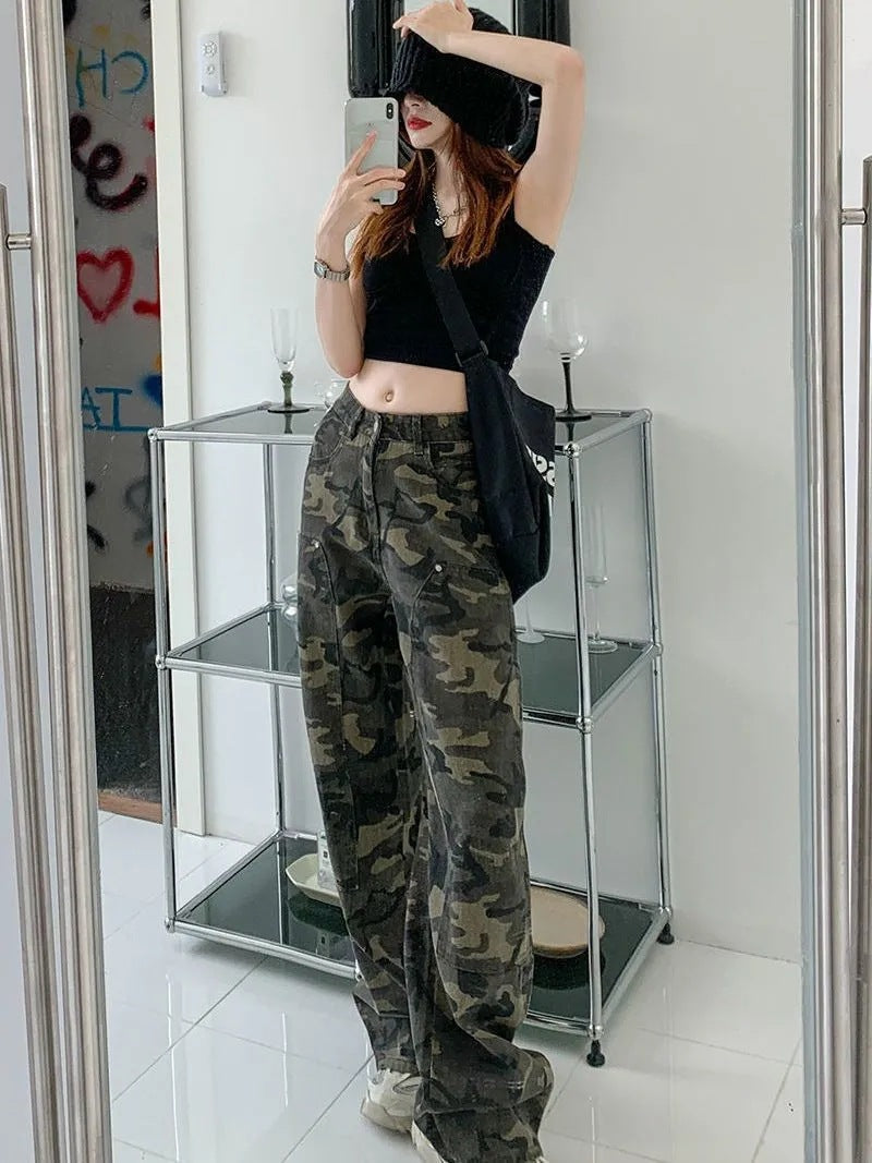 Camouflage-arbejdsjeans til kvinder, lige løs retro hiphop-stil højtaljede ekstra lange bukser med brede ben