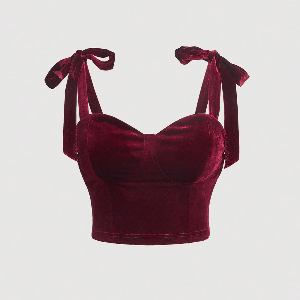 French Retro Velvet Top With Bow Tie Strap