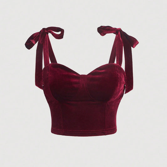 French Retro Velvet Top With Bow Tie Strap