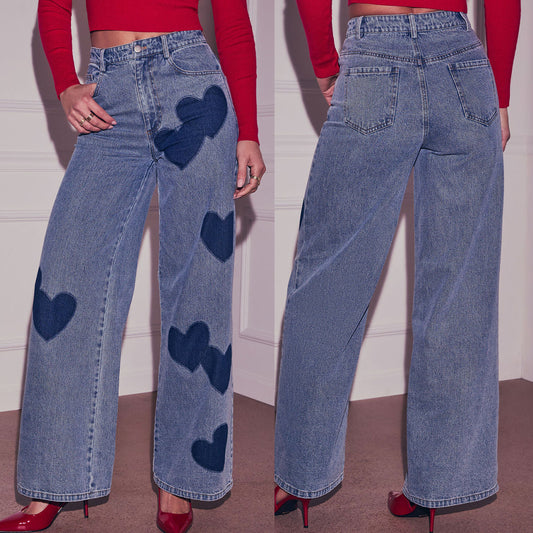 Retro Washed Relaxed Fit Wide Leg Denim Jeans With A Heart Print Design
