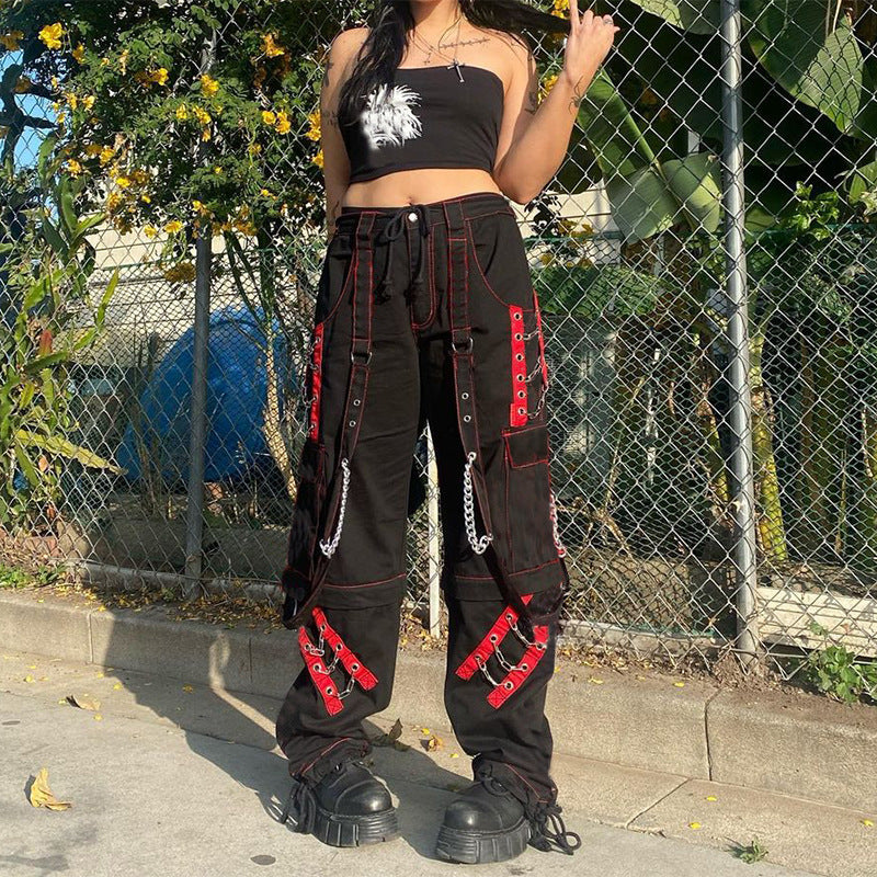 Heavy Industry Dark Contrast Color Ribbon Metal Decorative Chain Stitching Ankle Banded Pants Female