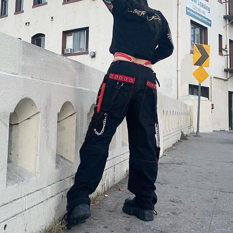 Heavy Industry Dark Contrast Color Ribbon Metal Decorative Chain Stitching Ankle Banded Pants Female