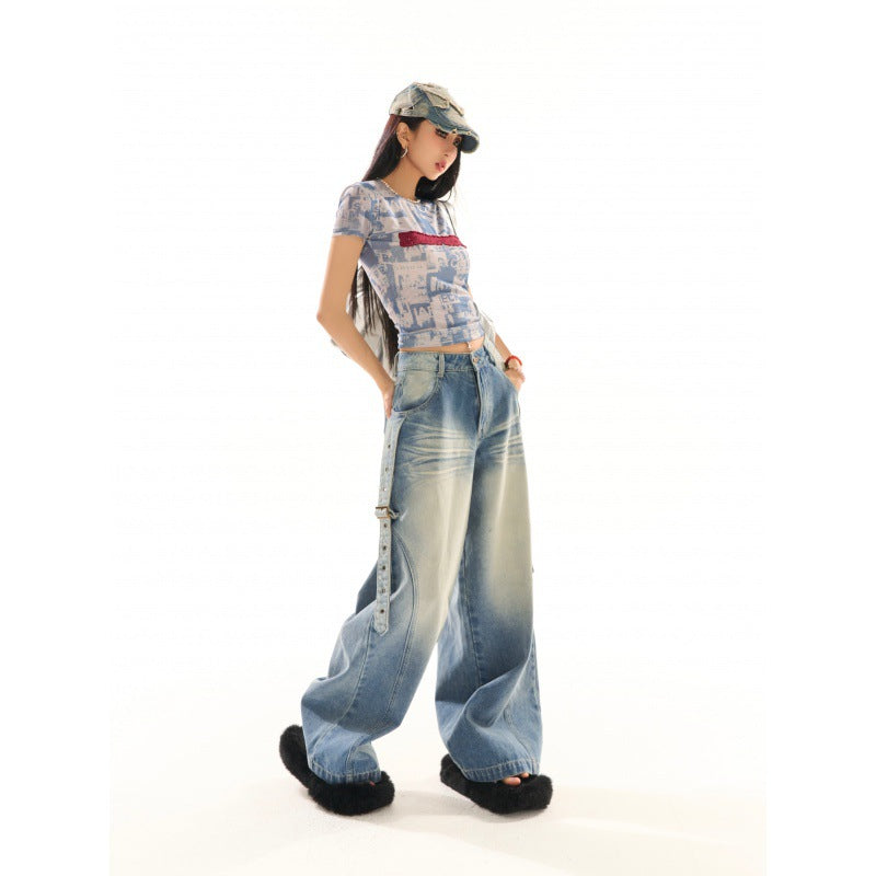 Niche Design Stretch Slimming Loose Straight Wide Leg Design Pants Flab Hiding