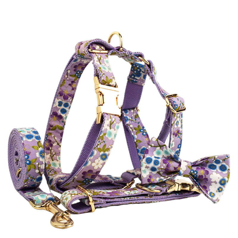 Purple And Wind Floral Dog Collar Hand Holding Rope Metal Bandana Bow Strap Out Shit Bag