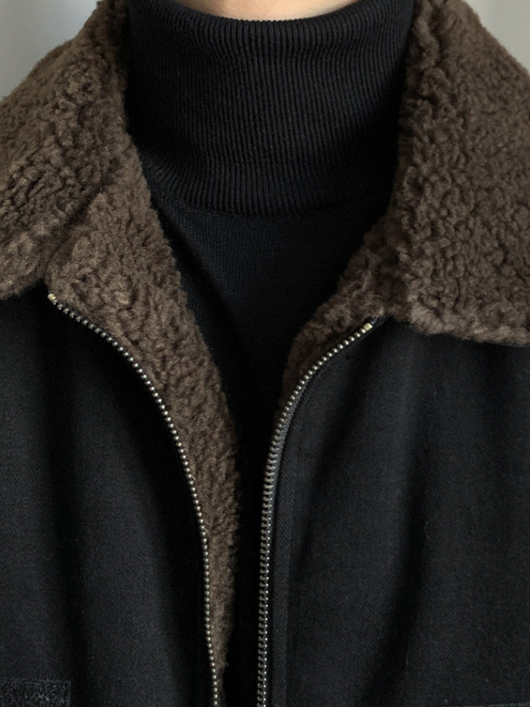 Autumn And Winter Thickening Men's Jacket Casual Korean Retro Pu Shuai Fleece-lined Lamb Wool Lapel Short Coat