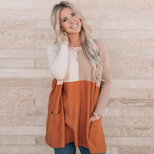 Women's Orange Pocket Color Matching Long-sleeved Top