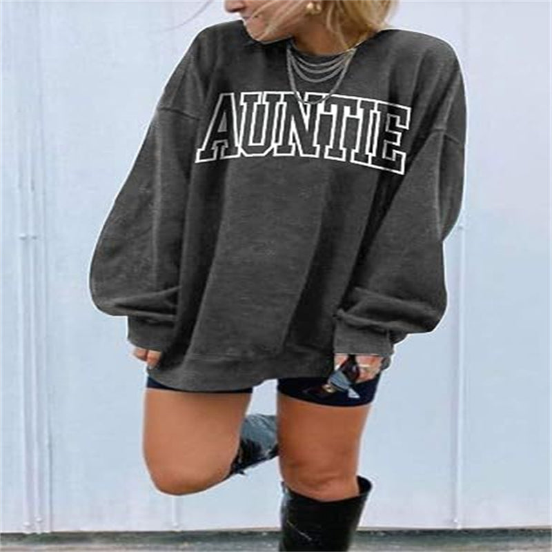 Sweatshirt, oversized rundhalset trøje, tante bogstavprint, lange manchetter