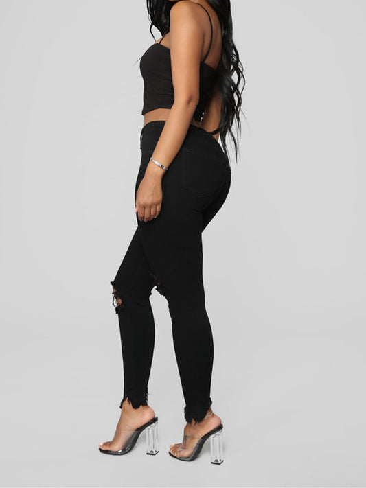 ripped solid denim long pants