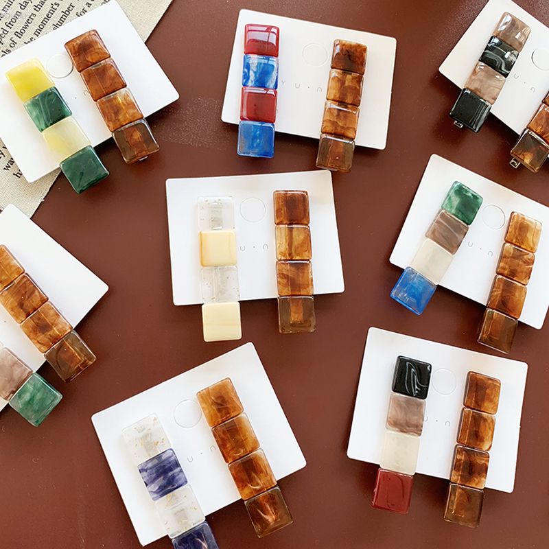 Colorblock resin square geometry hairpin combination Korea retro forest system bangs clip hair accessories