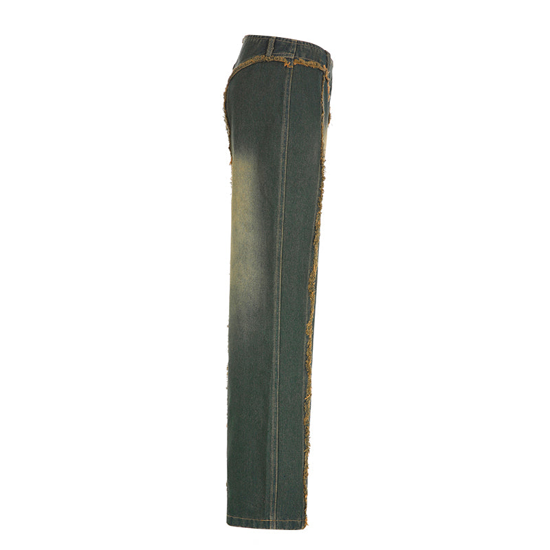 Retro Burr Design Sense Niche Straight Wide Leg Low Waist Jeans