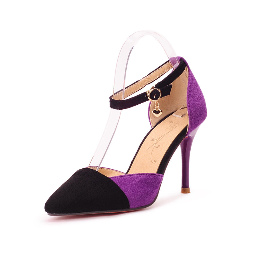 Pointed Suede Color Matching European And American Style Buckle Strap Stiletto Sexy Ladies Sandals