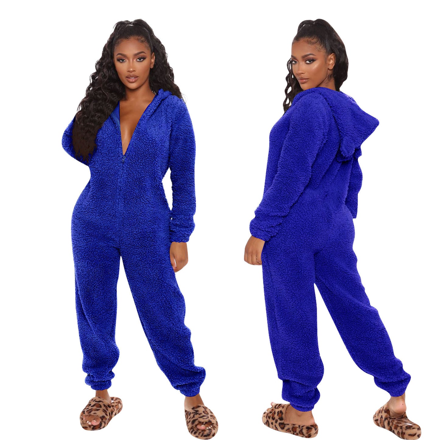New Autumn And Winter Long Sleeve Hooded Casual Jumpsuit Trousers Plush Homewear Pajamas Cute Jumpsuit