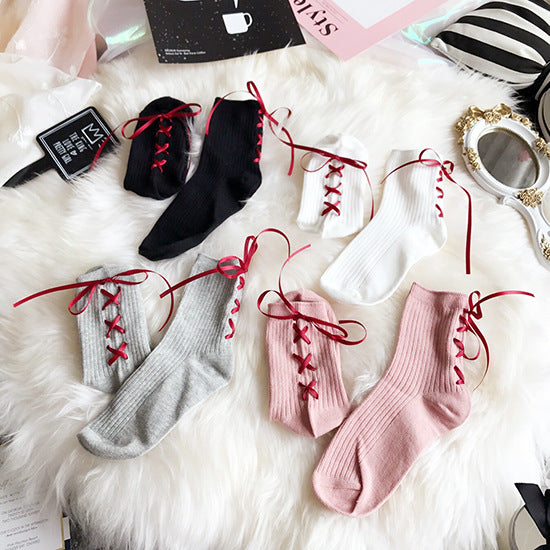 Ribbon Cross Strap Bow Vertical Pure Cotton Girl Student Lace-up Socks