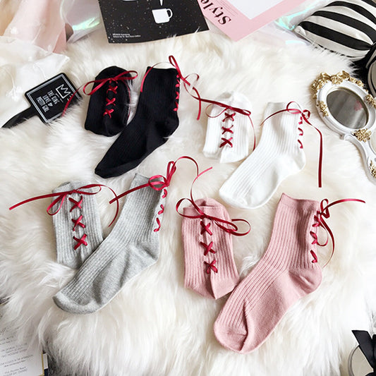 Ribbon Cross Strap Bow Vertical Pure Cotton Girl Student Lace-up Socks