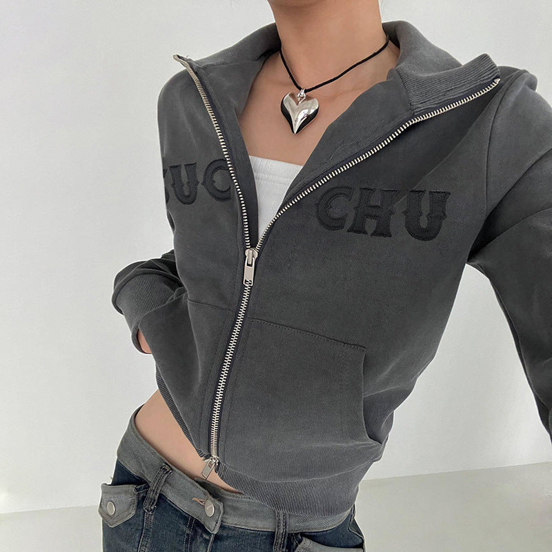 Letter Affixed Cloth Embroidered Zipper Knitted Cardigan