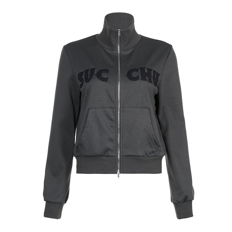 Letter Affixed Cloth Embroidered Zipper Knitted Cardigan