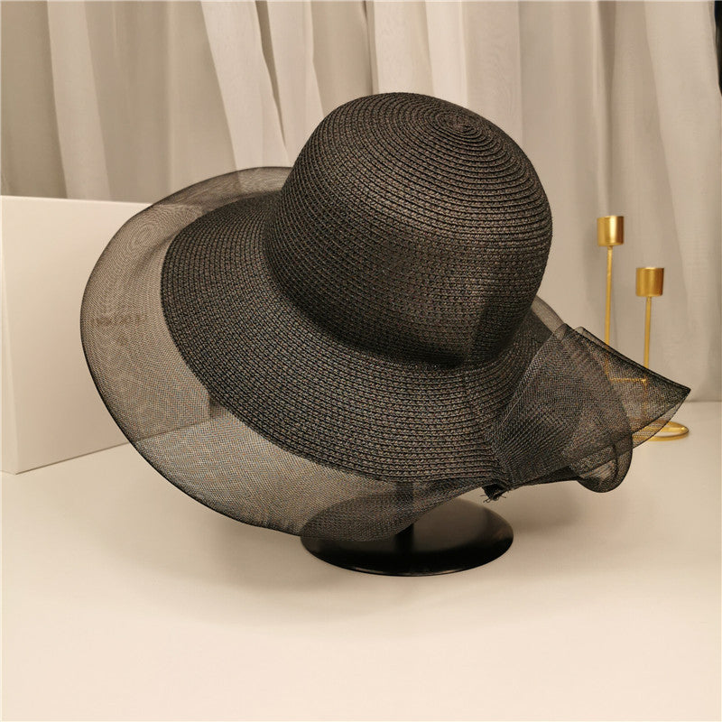 Mesh Big Brim Bow Papyrus Hat