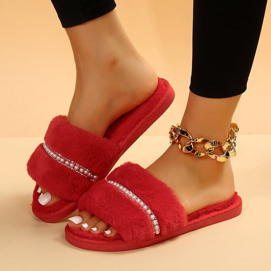 Outdoor Fashion Solid Color Flat Beaded Decorative Fur Slippers