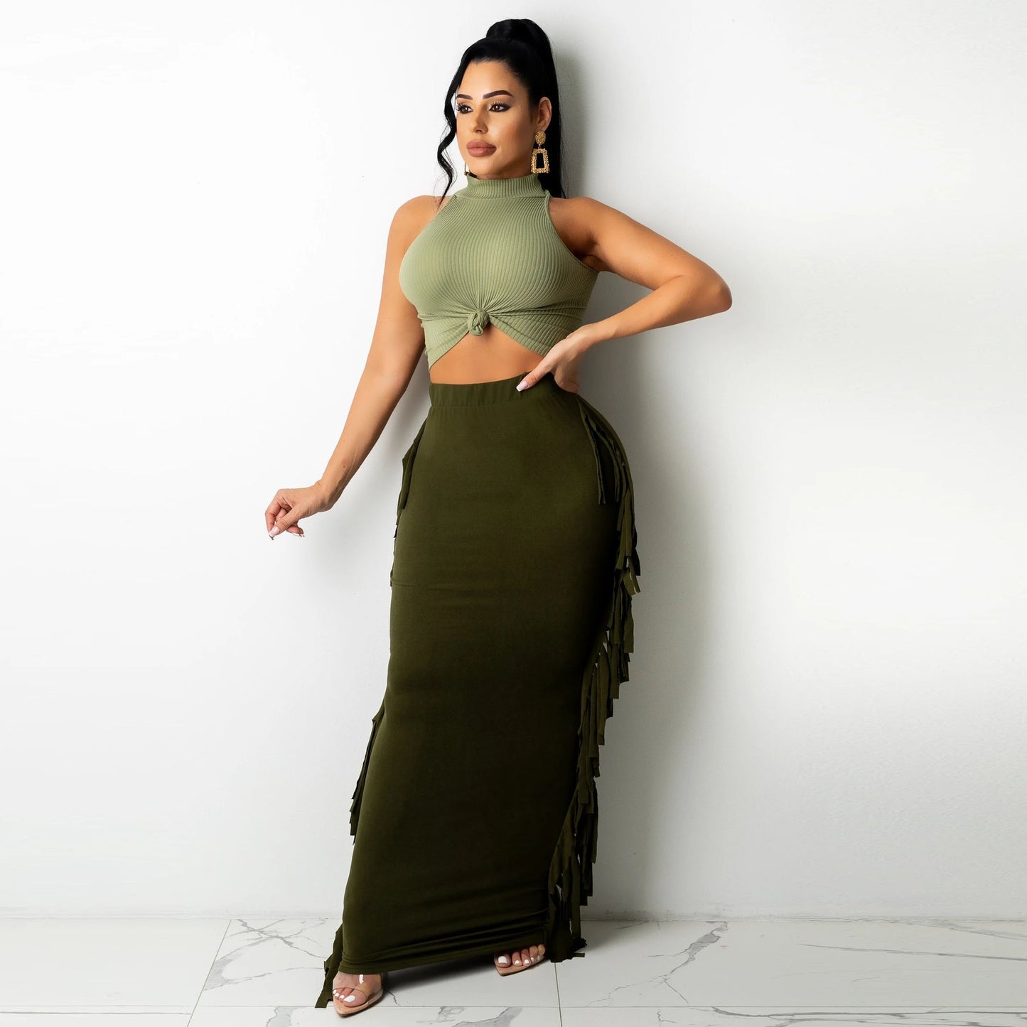 High Quality Brushed Fabric Solid Color Tassel Skirt On Both Sides