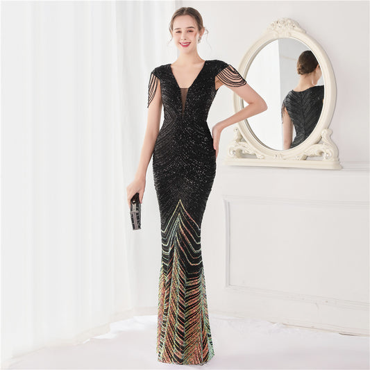Flower Sequin Craft Party Evening Dress Long