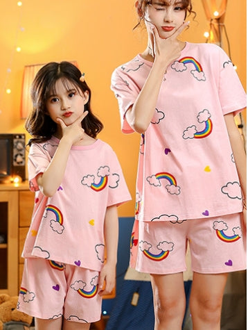 Children's Cotton Short-sleeved Home Wear Suit Parent-child Mother-daughter Home Cartoon Princess 2-piece Summer Thin Cotton