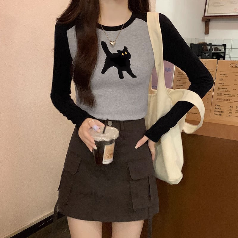 Women's Long-sleeved T-shirt Early Autumn Printed Design Color Contrast Bottoming Shirt Top