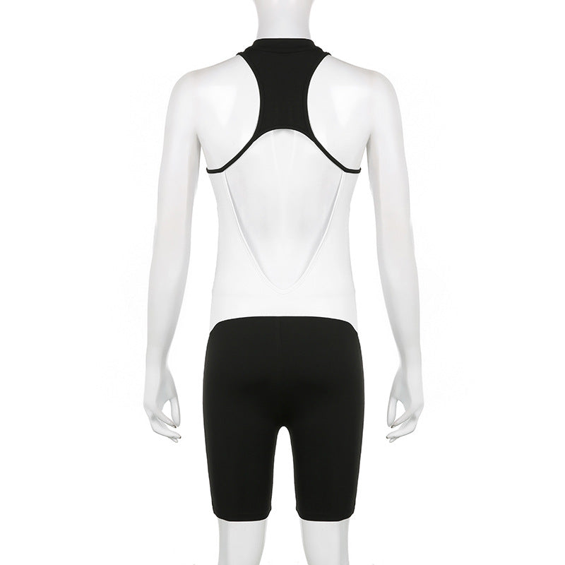 Women's Black And White Multi-colored Half-turtleneck Sleeveless Zipper One-piece Shorts