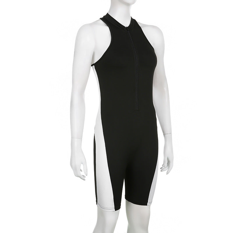 Women's Black And White Multi-colored Half-turtleneck Sleeveless Zipper One-piece Shorts