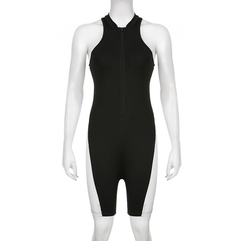 Women's Black And White Multi-colored Half-turtleneck Sleeveless Zipper One-piece Shorts
