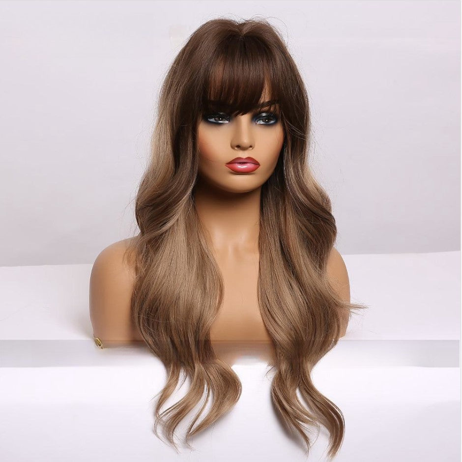 Women's Black Brown Bangs Long Curly Wig