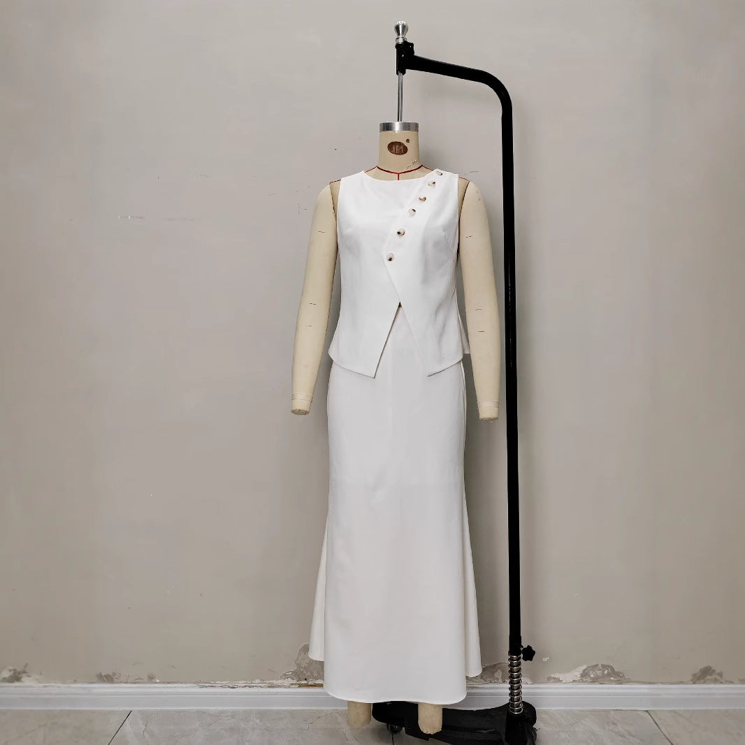 Elegant And Stylish Solid-color Crew-neck Skirt Set
