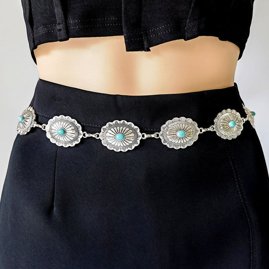 Turquoise Inlaid Waist Chain Ancient Carving Vintage Gold Accessories